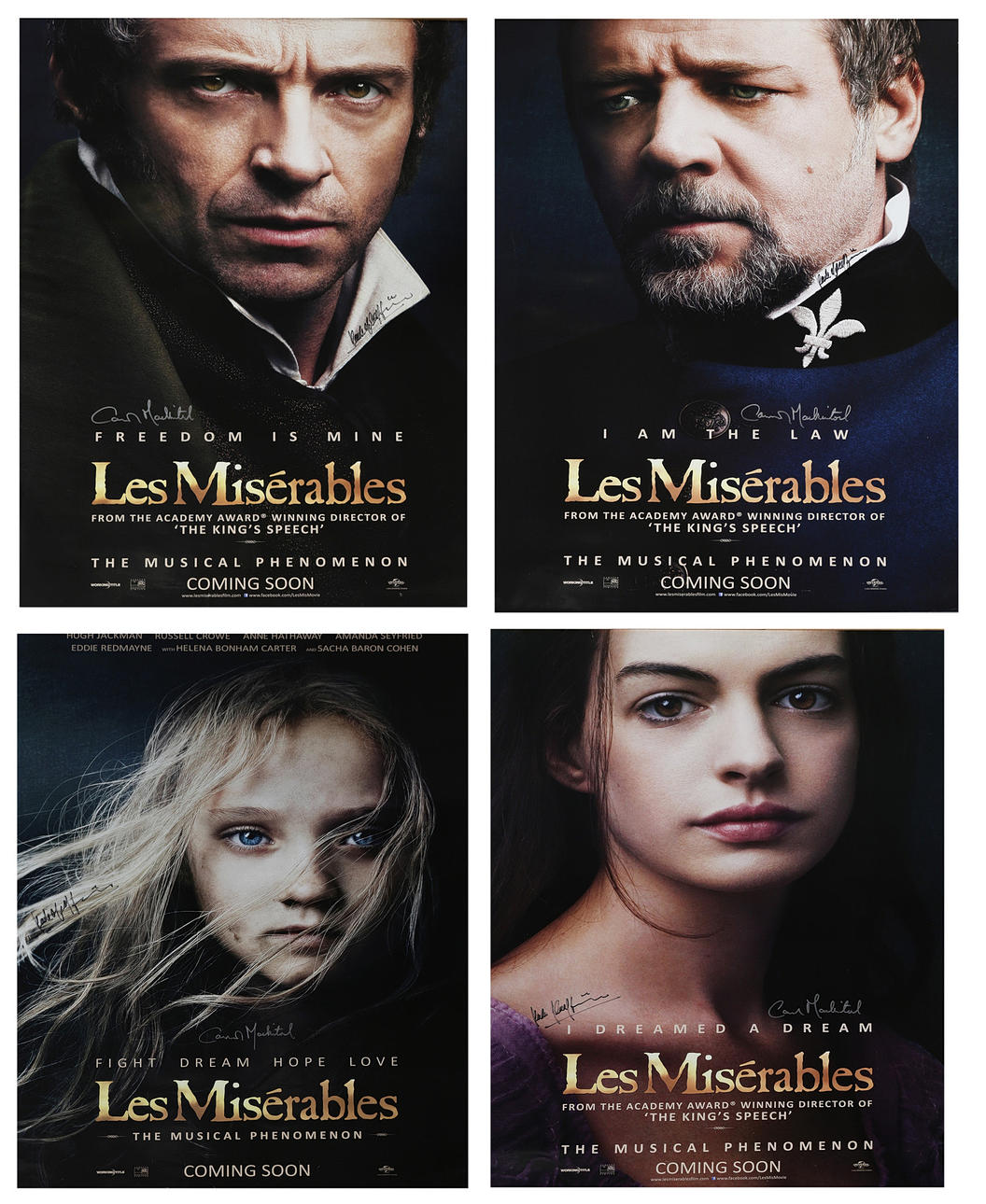 LES MISÉRABLES (2012). FOUR SIGNED FILM POSTERS (4).