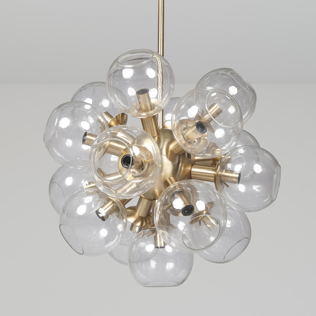 Nordal ceiling pendant 'ATOMIC' metal frame in gold look with 17 glass domes.