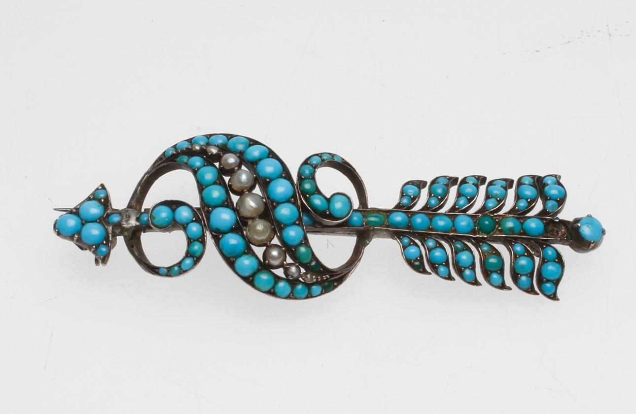 BROSCH, silver med turkoser och pärlor, 1900-tal.