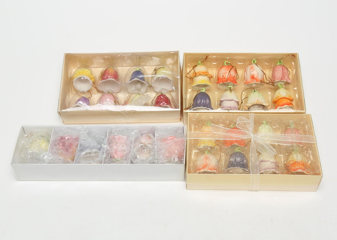 DECORATIVE BELLS, 4 boxes, contains 30 pieces, ceramic.