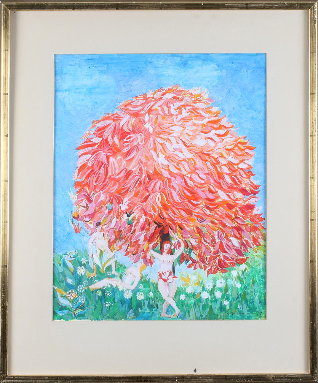 OIDENTIFIERAD KONSTNÄR. "Fåglar och rött träd", blandteknik, signerad "R. Abrahamsson" och daterad -77.