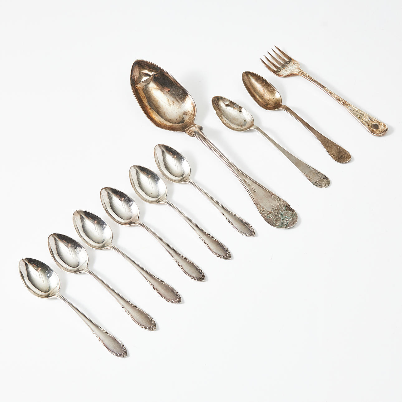 SPOONS, 9 p., TENEDOR, plata, principalmente GAB.