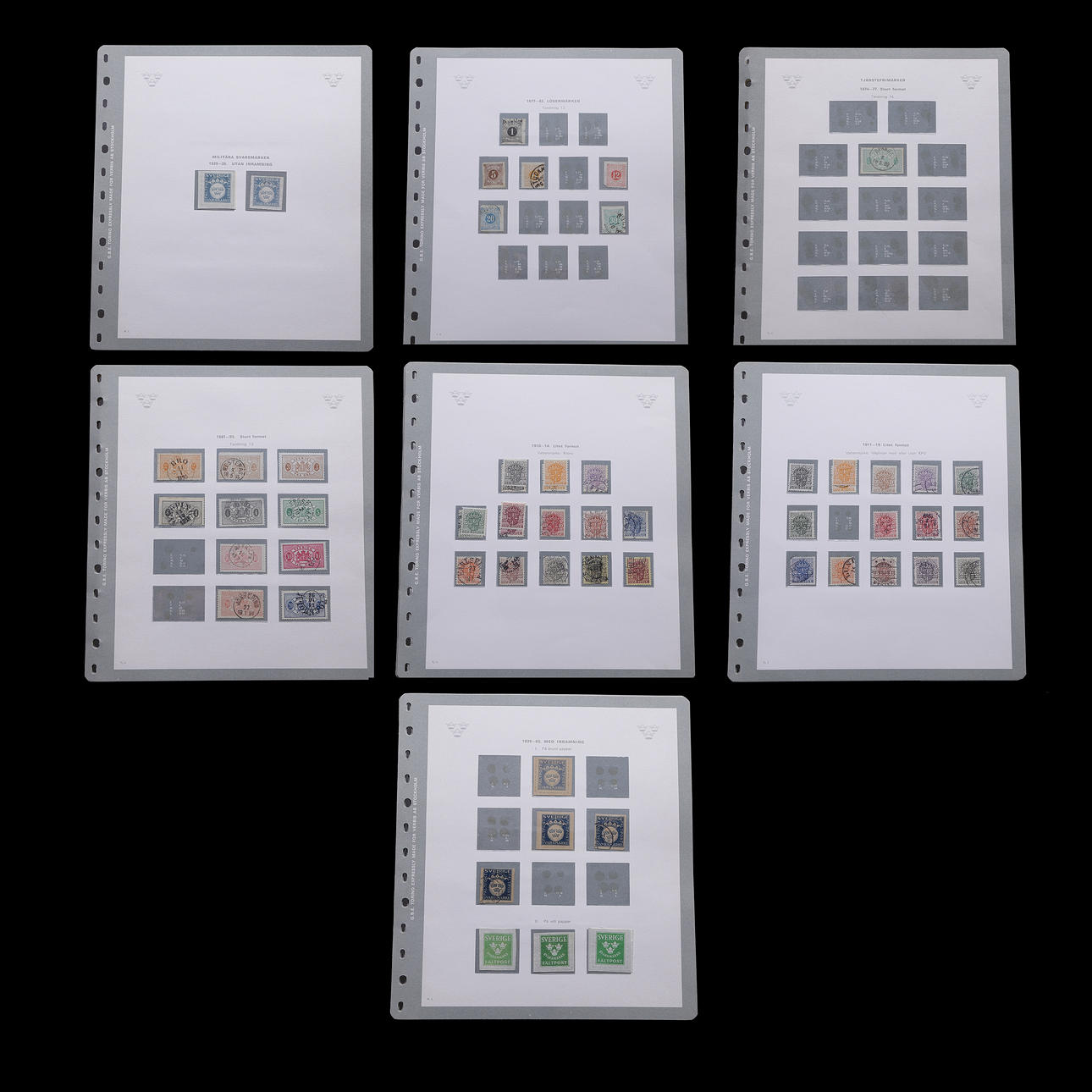 7 ARKIN POSTIMERKIT, RUOTSI, KENTTÄPOSTI, LUNNAAT, PALVELUMERKIT.