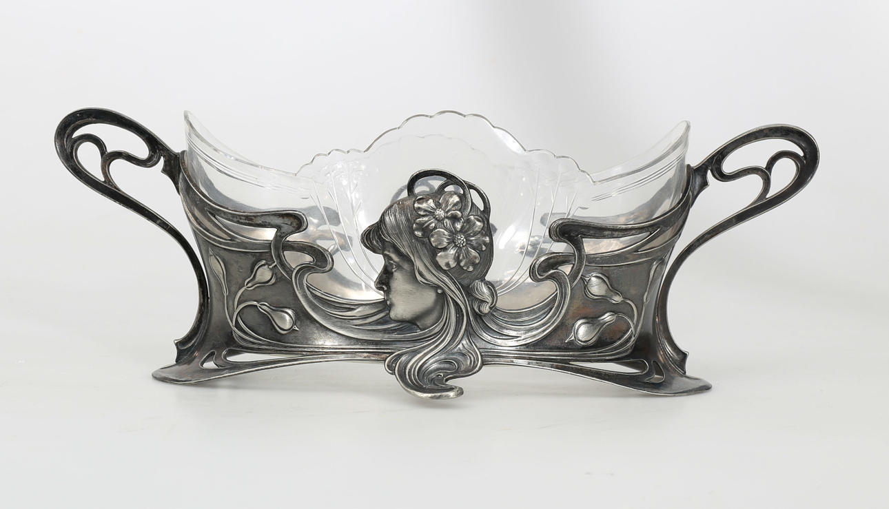 JARDINIÉRE, vitmetall och glasinsats, WMF, Jugend, 1900-talets första kvartal.