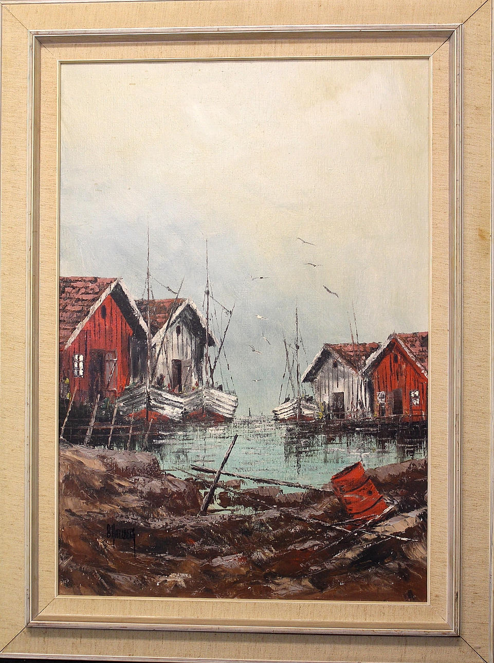 BERTIL HALLBERG. olja på duk, småbåtshamn, signerad.