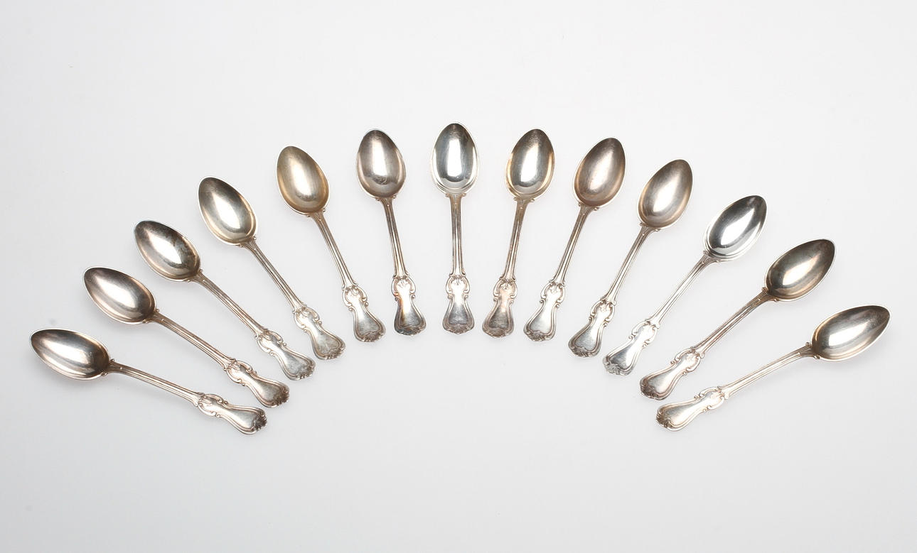 TESKEDAR, silver, 12 st. "Olga", GAB. Vikt ca. 207.1 g.