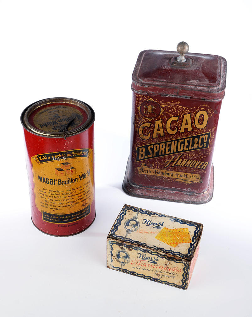 PR-burkar runt 1930/50. Sprengel kakao, Maggi Otto Rüger.