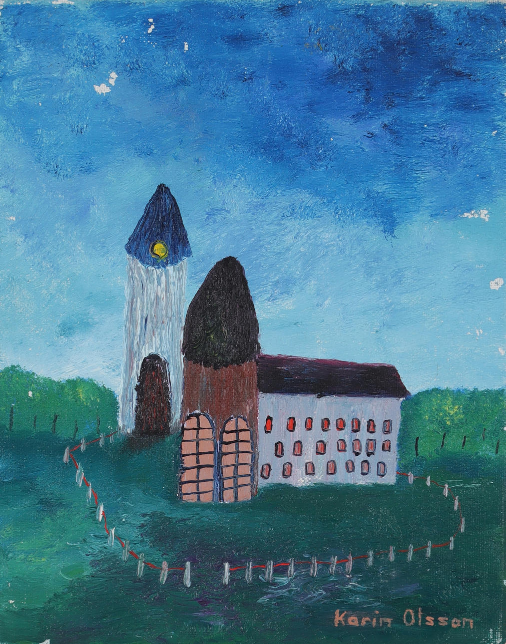 KARIN OLSSON. Landscape with buildings, oil on canvas, signed.