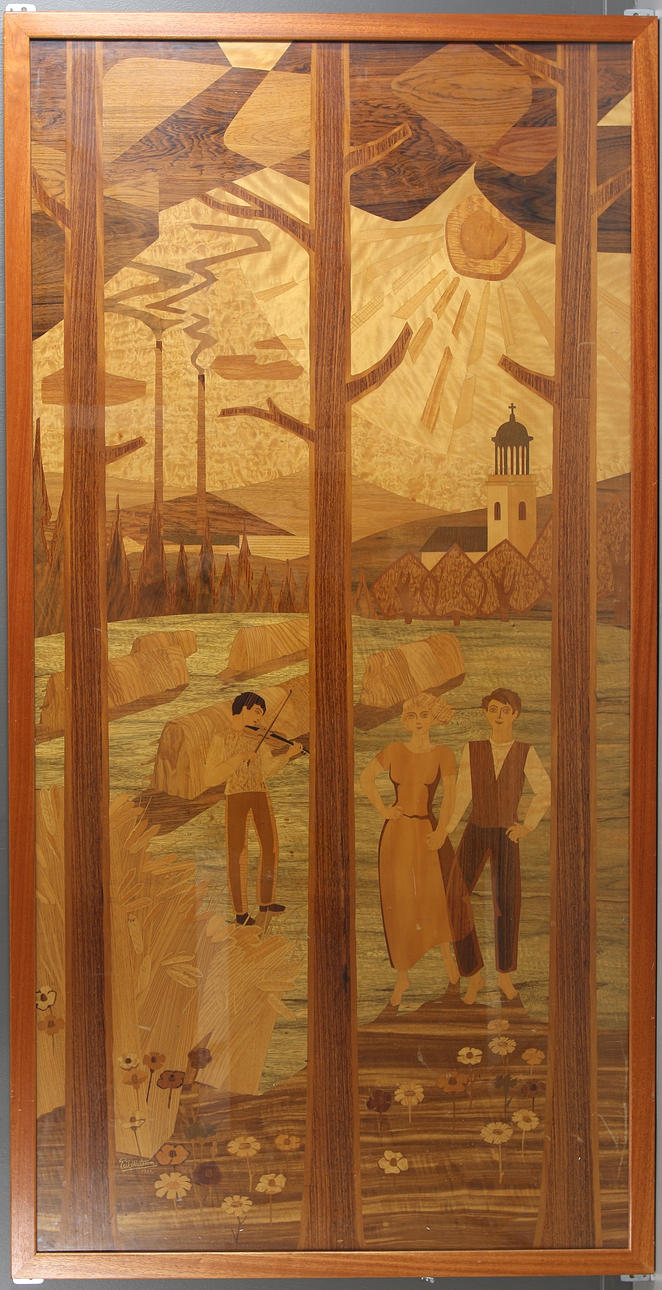 ERIK MATTSON. Väggpanel, intarsia, inglasad, signerad och daterad 1954. 200 x 100 cm.
