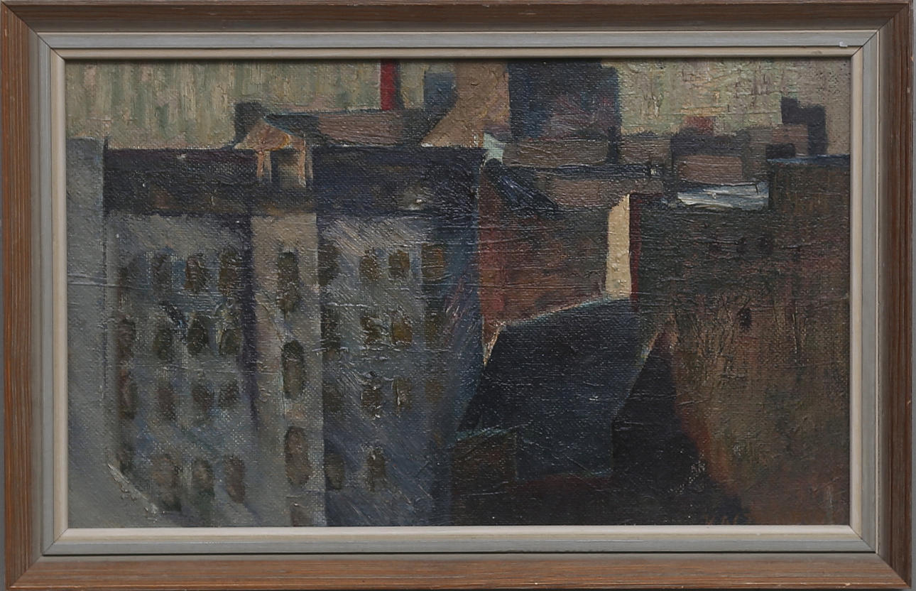 OIDENTIFIERAD KONSTNÄR. Olja på pannå, signerad Janusz Kaczmarski och daterad a tergo 1965.