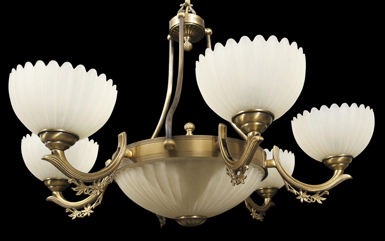 CEILING LAMP, yellow metal with 6 glass cups with plafond underneath ...
