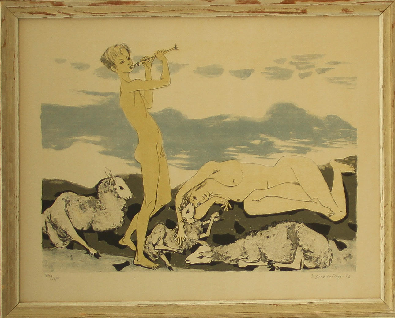SIGURD WINGE. Figurscen med flöjtspelande pojke, litografi, sign o numrerad 54/115.