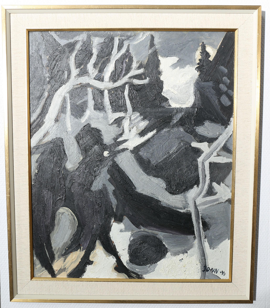 GUNNAR JONN. Olja på pannå, Korp i skog om natten, signerad Jonn, daterad -41.