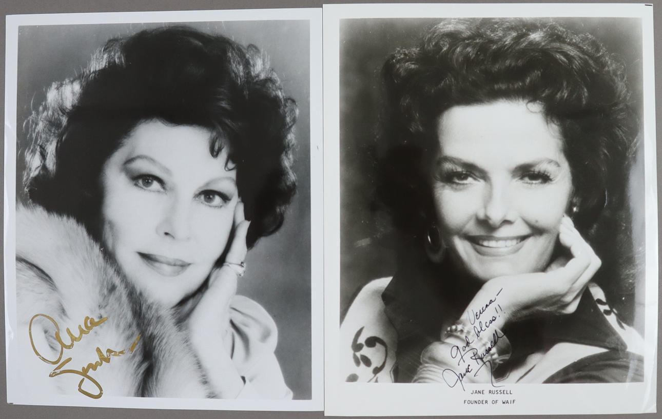 ! 2 AUTOGRAPHS AVA GARDNER/JANE RUSSEL - TWO B/W PRESS PRINTS.
