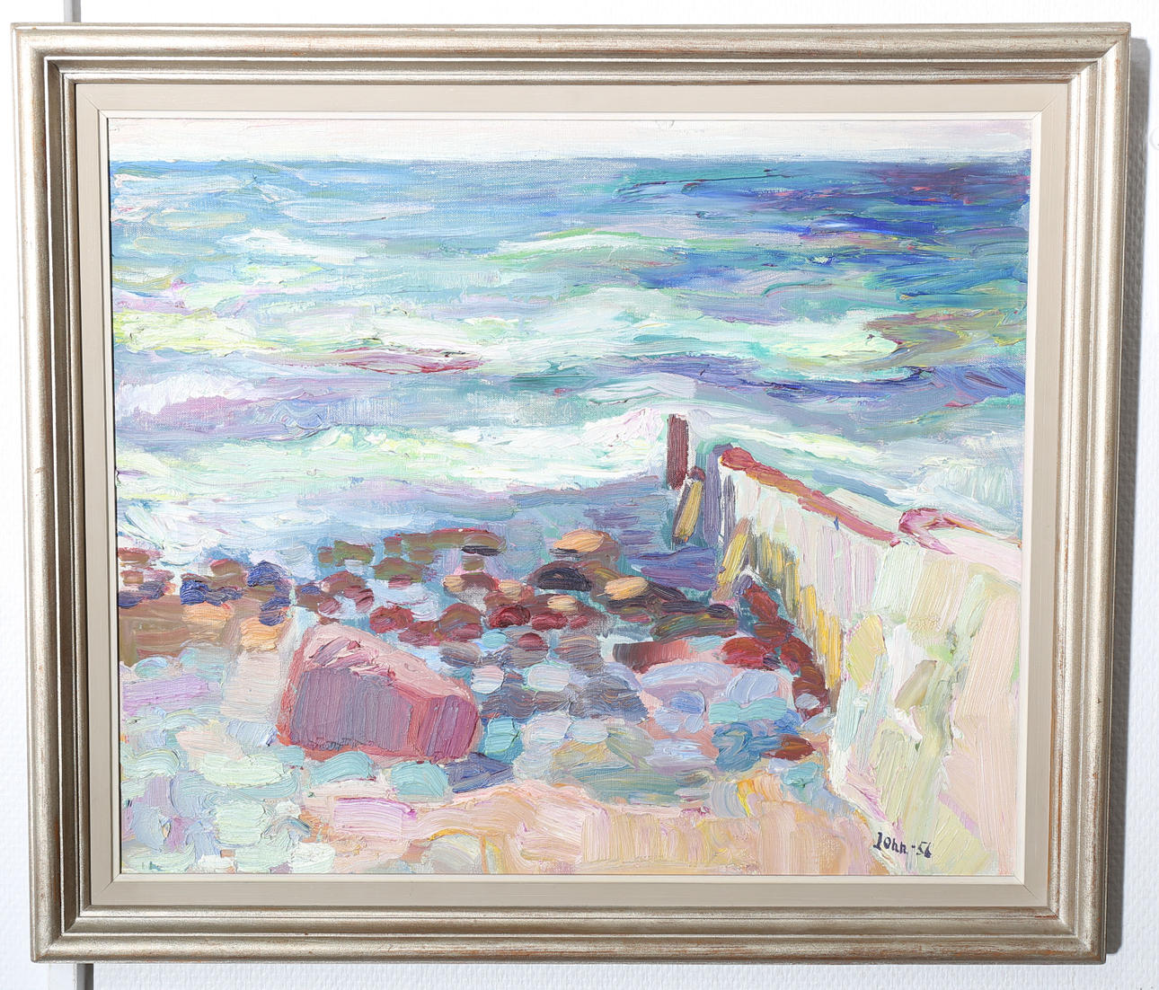 GUNNAR JONN. Olja på duk, Vid strandkanten, signerad Jonn, daterad -56.