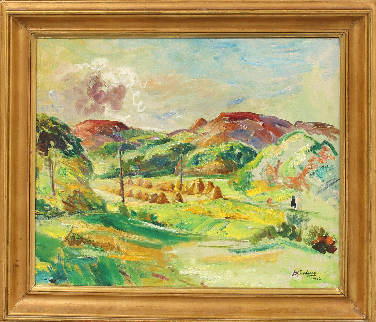 EVALD BJÖRNBERG. Landskap med höskylar, olja på duk, signerad 1942.