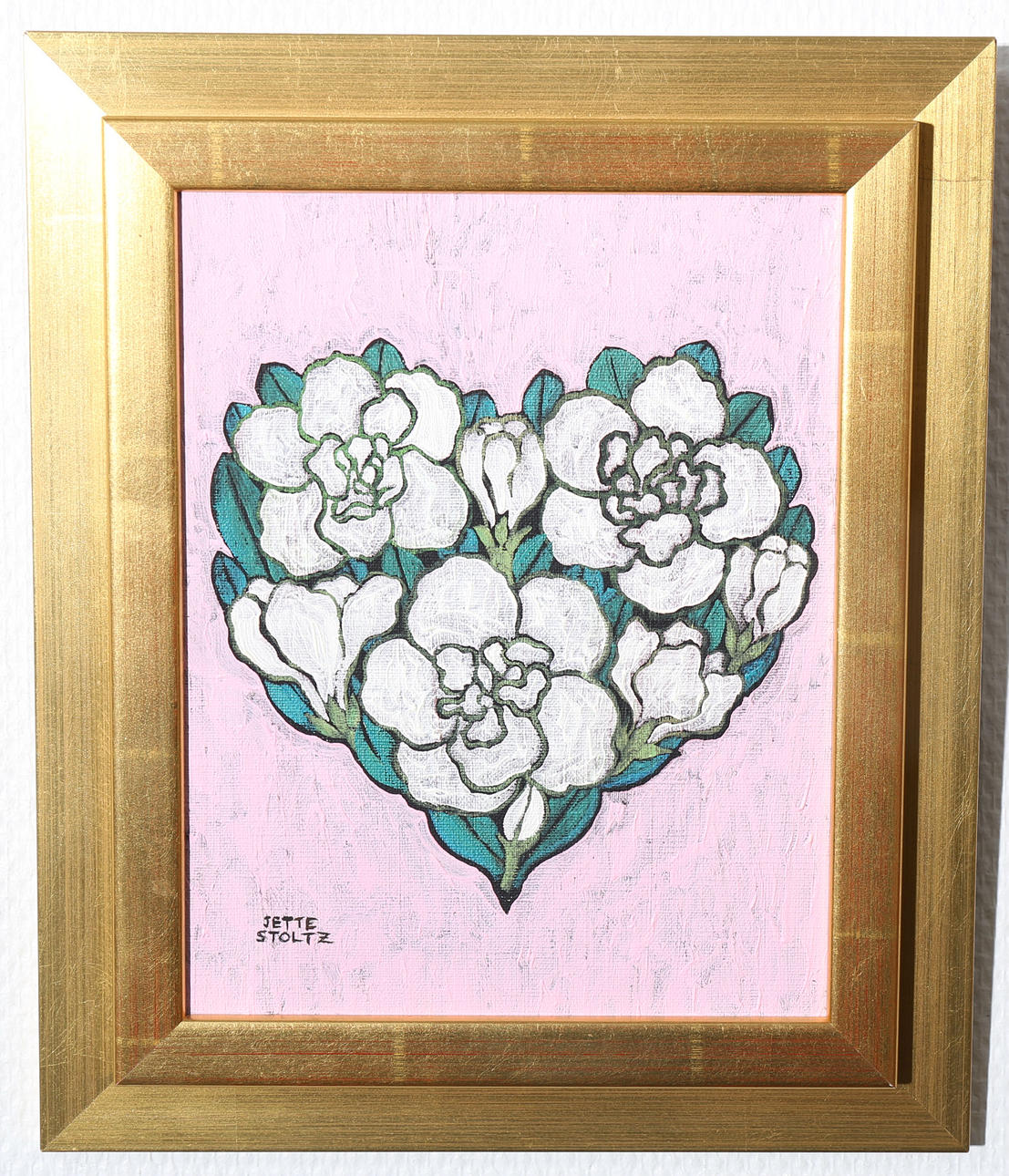 JETTE STOLTZ. Olja på duk, Vita blommor, signerad.