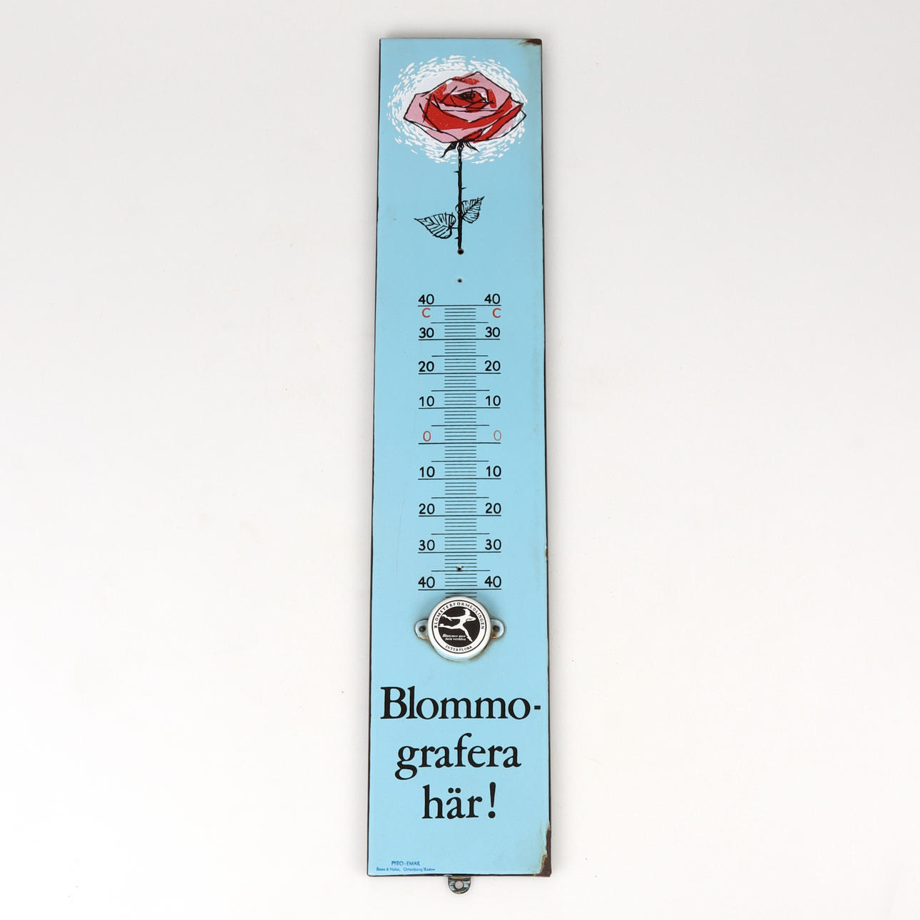 TERMOMETER, emalj, "Blommografera här!", Interflora, 1900-tal.
