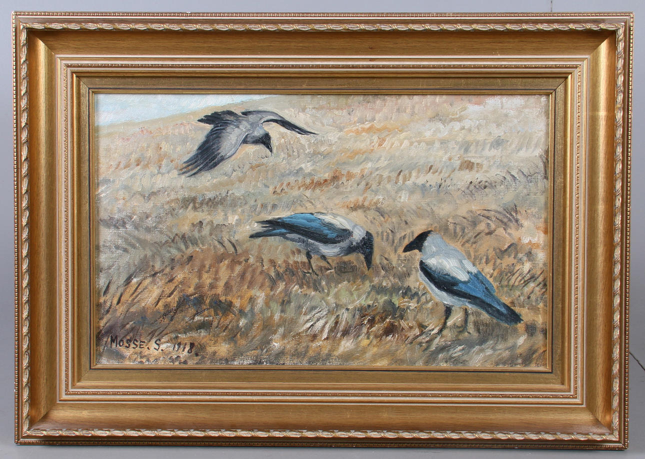 MOSSE STOOPENDAL. Olja på duk, kråkor i höstlandskap, signerad samt daterad 1918.