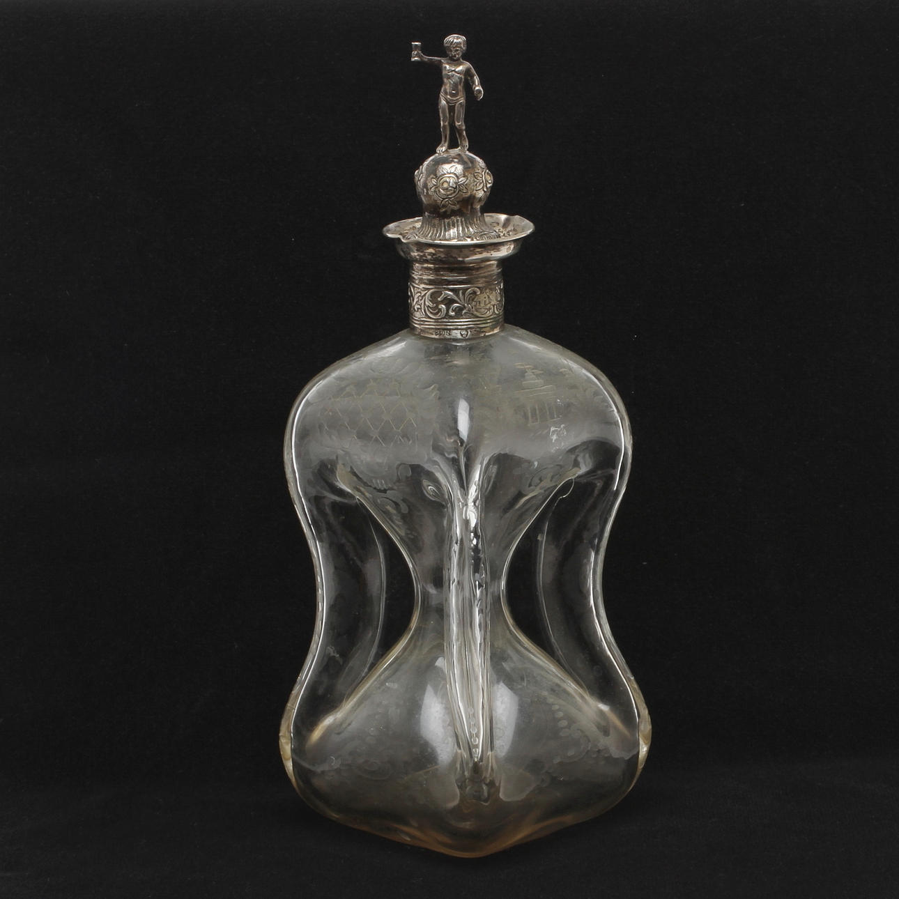 KARAFF, slipad glas med silverpropp, svensk importstämpel, möjligen Tyskland, 1800/1900-tal.