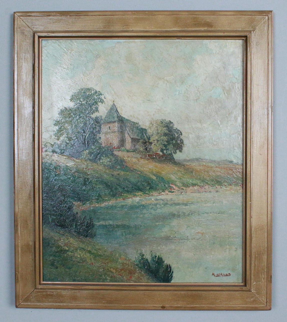 Olja på masonit, 'Gård vid flodstrand'.