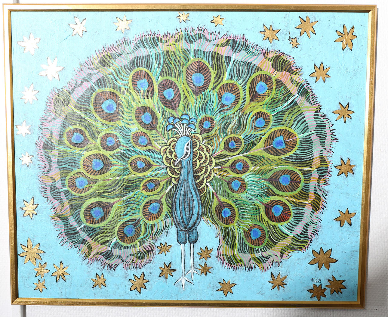 JETTE STOLTZ. Olja på duk, Påfågel, signerad.