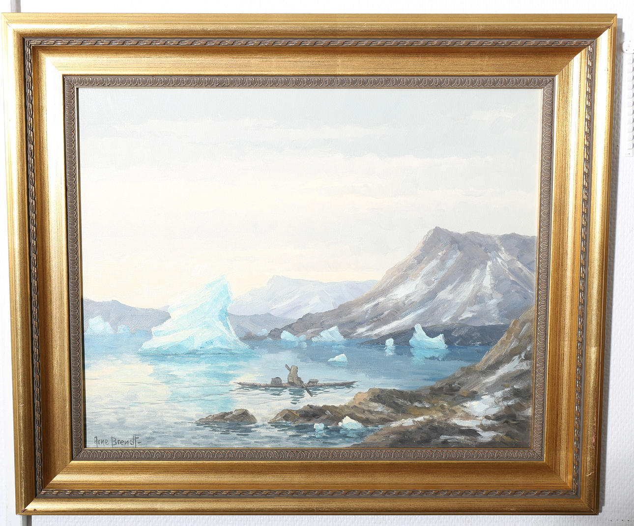 ARNE BRENDT. Olja på duk, Kajak i Ishavet, signerad.