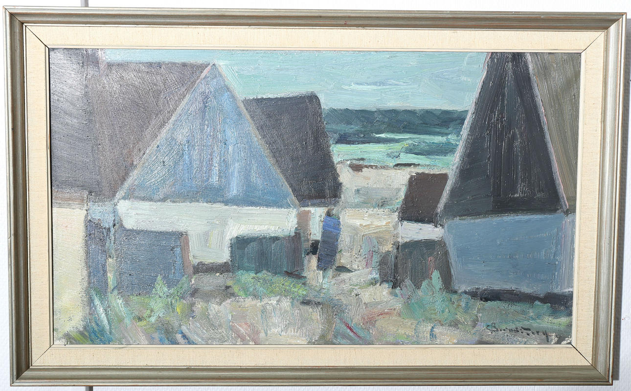 CARL BERNDTSSON. Olja på duk, Hus vid havet, signerad C Berndtsson.