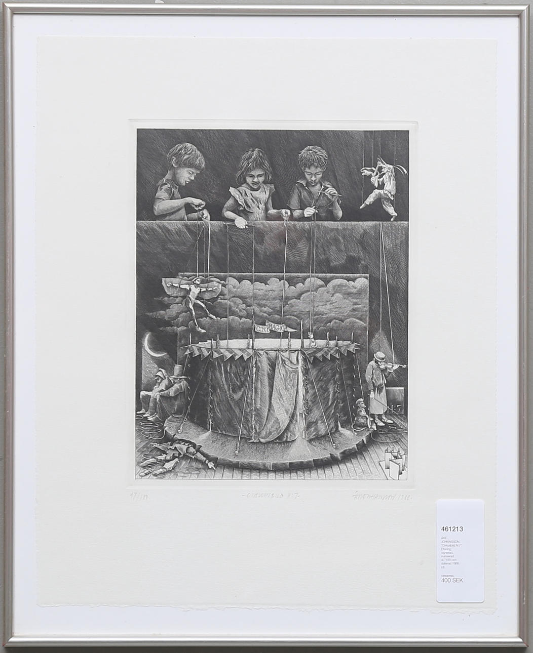ÅKE JOHANSSON. "Cirkusbild N:7". Etsning, signerad, numrerad 47/100 och daterad 1988.