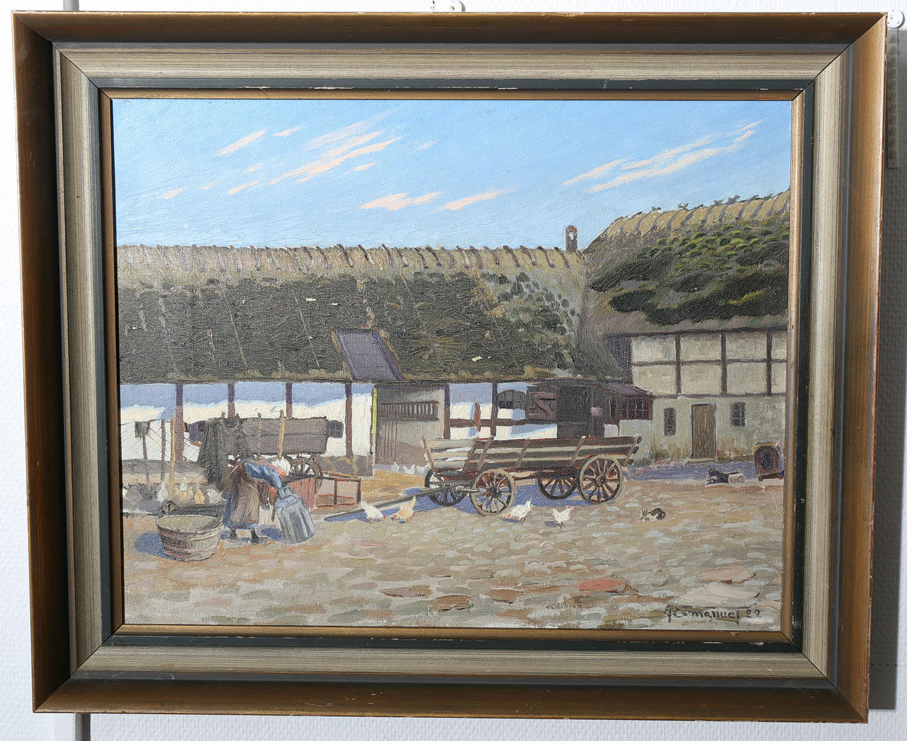 OIDENTIFIERAD KONSTNÄR. Olja på duk, Gårdsmiljö, signerad A Emanuel, daterad -29.