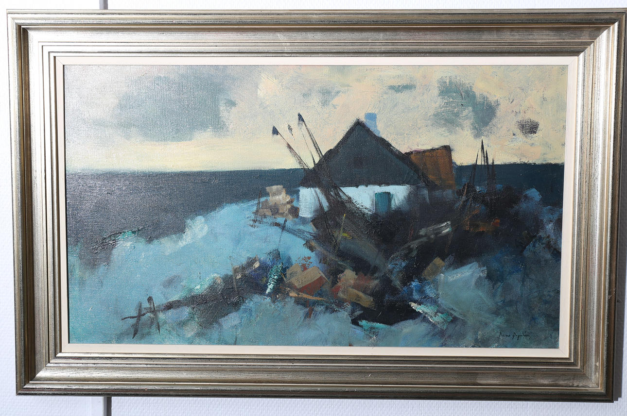 ARNE ASPELIN. Olja på duk, Fiskeläge, signerad.