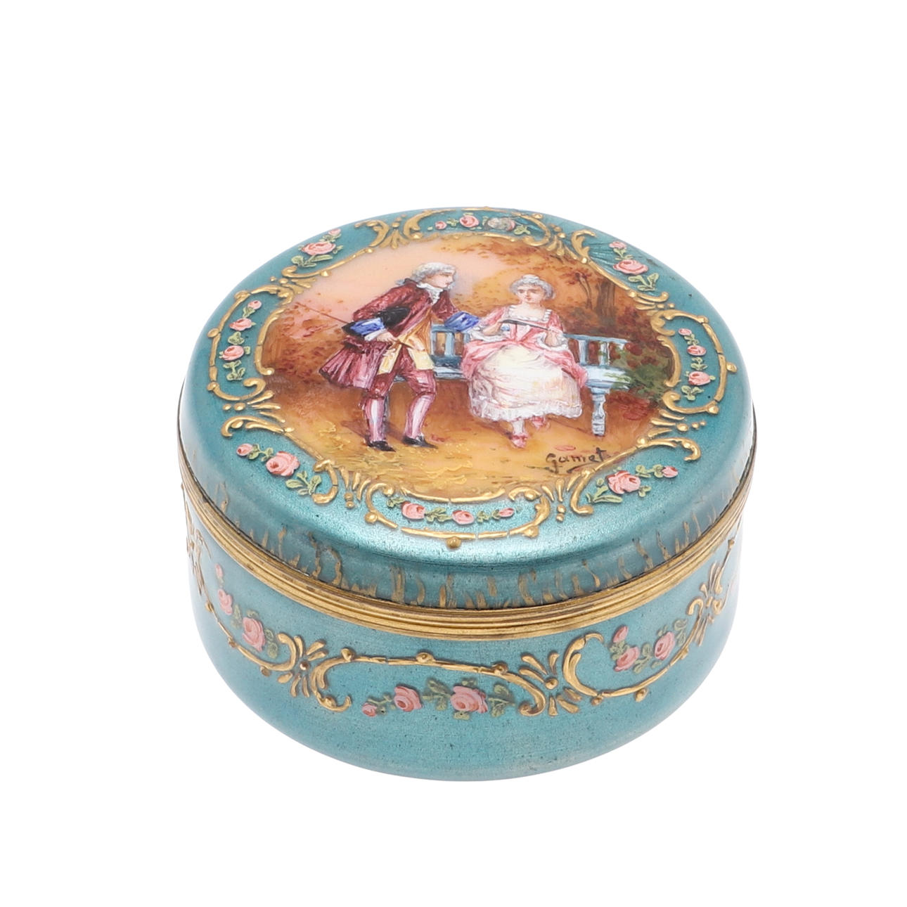 A LATE NINETEENTH CENTURY FRENCH ENAMEL AND GILT METAL BOX AND COVER ...