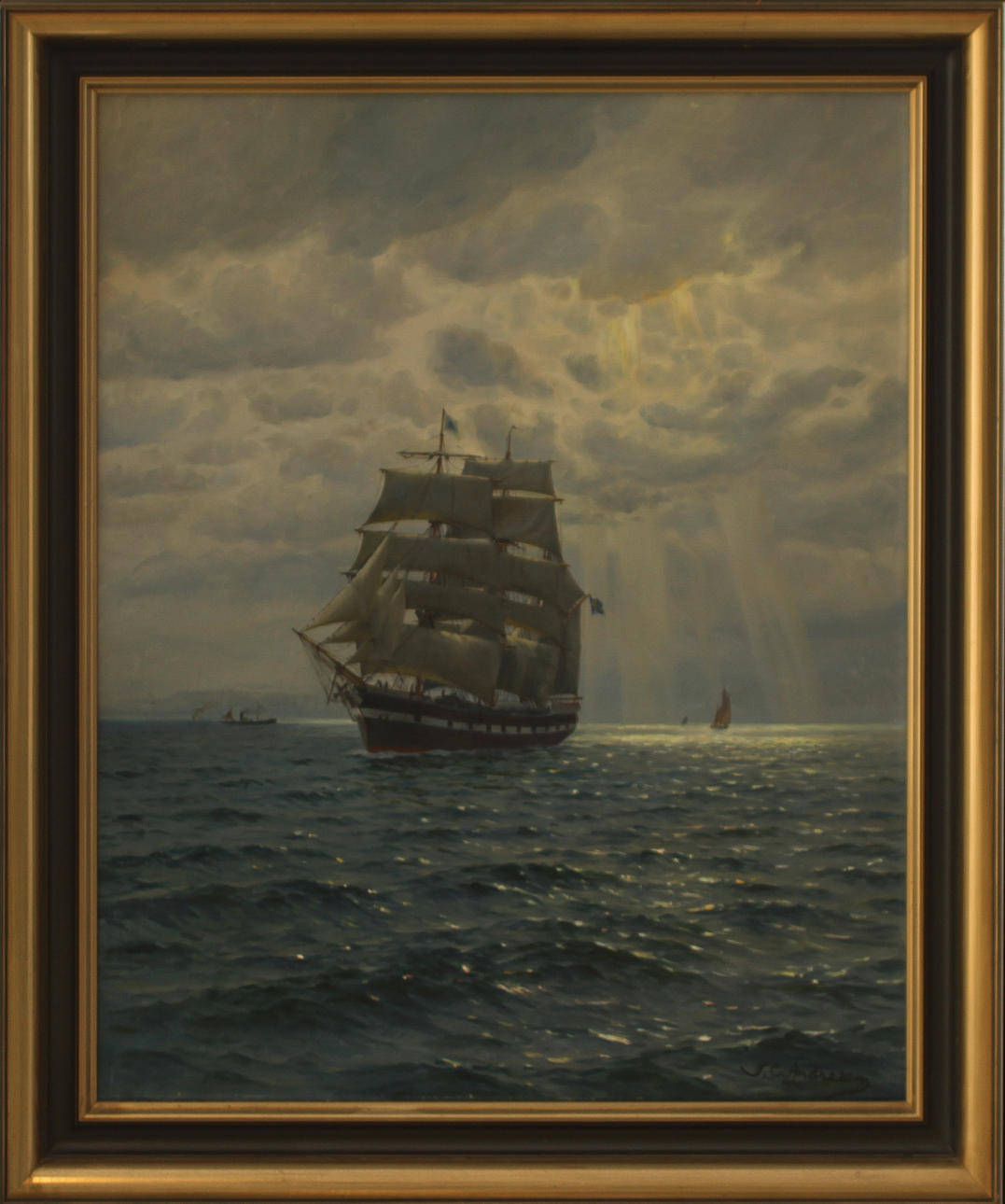 JENS CHRISTIAN ANDRESEN. Segelfartyg till havs, olja på duk, signerad.