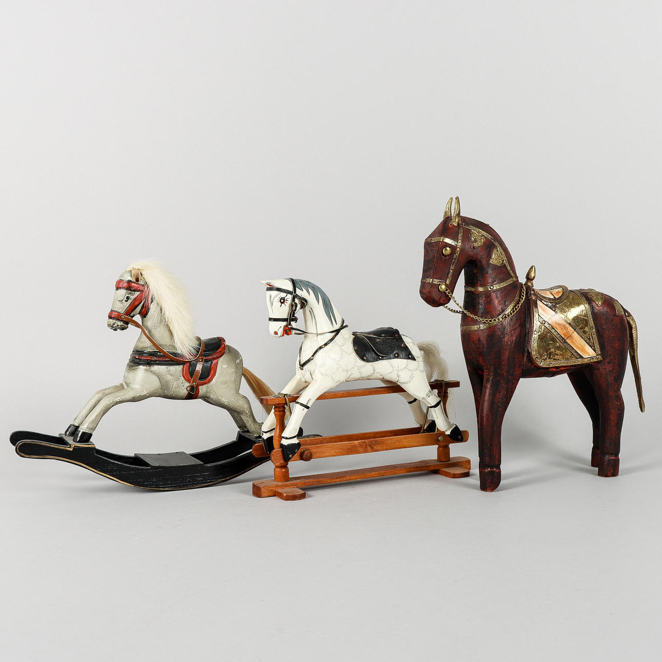 HORSES 3 pieces, painted wood.