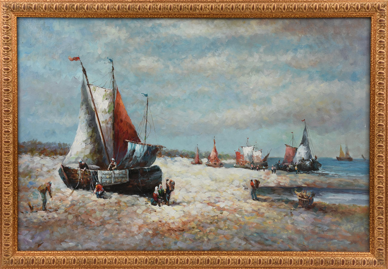 UNBEKANNTER KÜNSTLER. ”Schifffahrt”, blandteknik duk, ej signerad, ej daterad.