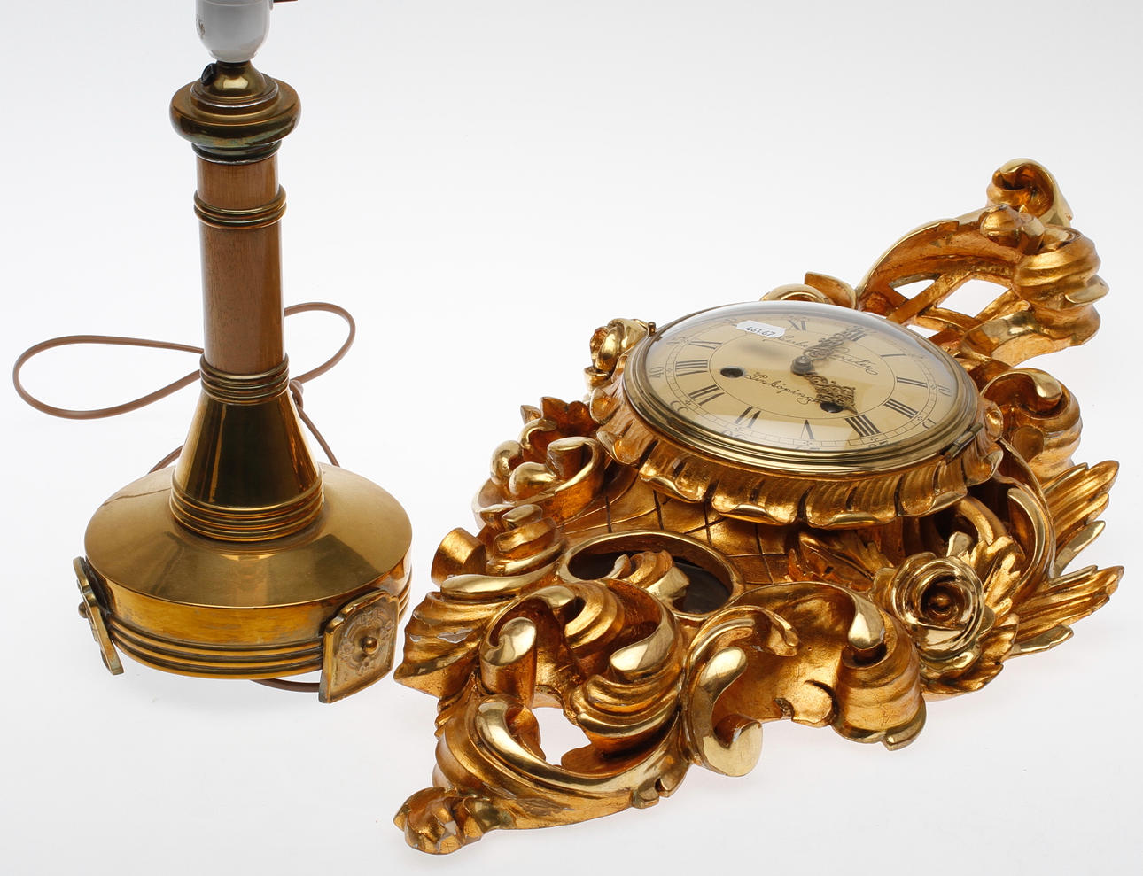 VÄGGPENDYL, förgyllt trä, rokokostil, Herbert Werstén, Linköping, LAMPFOT, gulmetall och träd, jugendstil, 1900-talets första hälft.