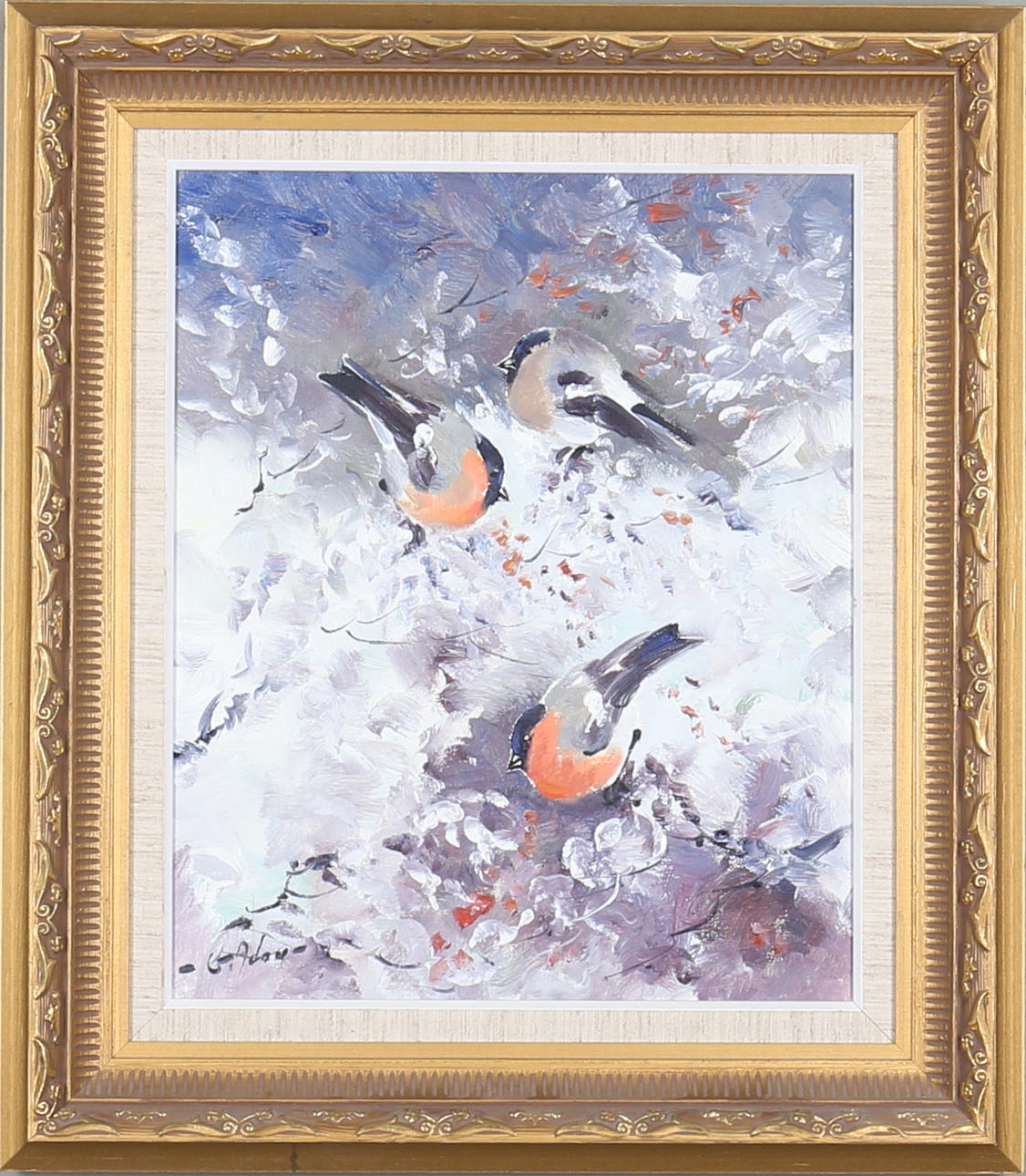 GUSTAV ADON. "Domherre", olja på duk, signerad.