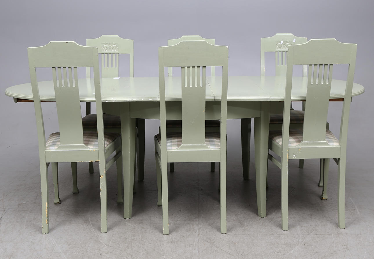 MATSALSMÖBEL, 7 delar, grönmålad, jugend, 1900-talets första hälft.