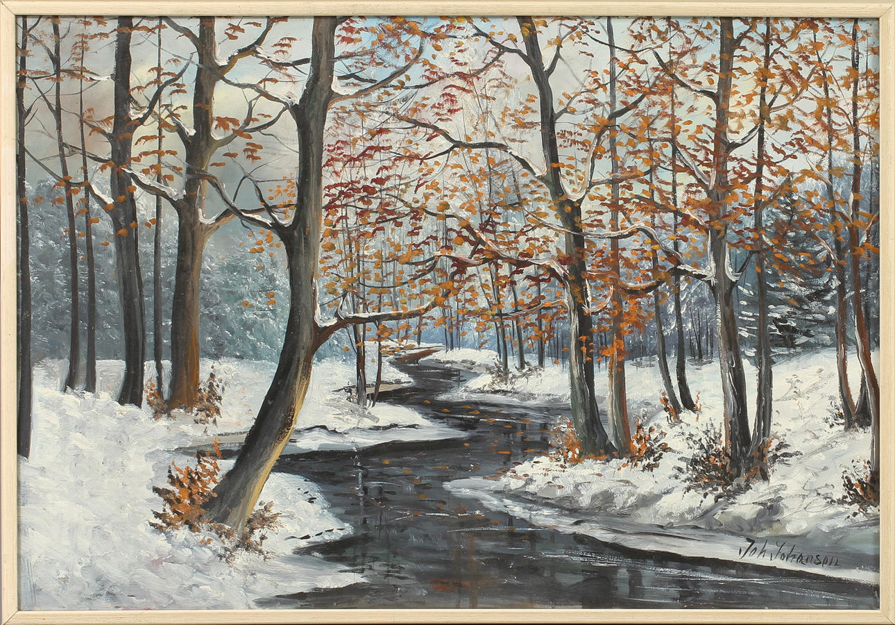 JOHAN JOHANSON. Vinterskog, olja på duk, signerad.