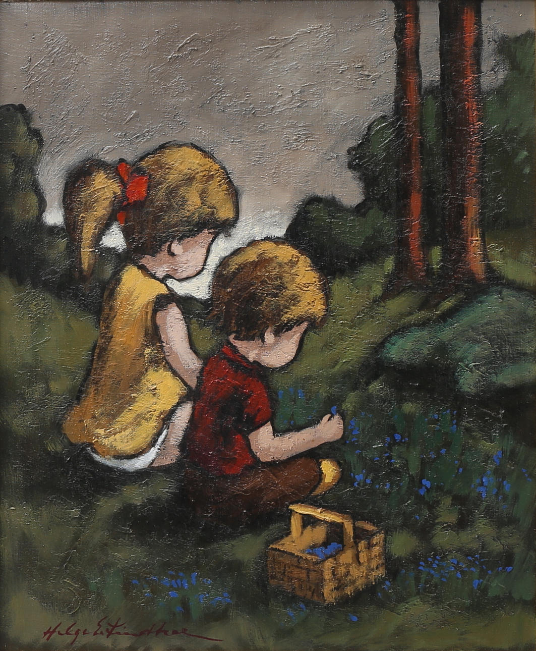 HELGE LINDHOLM. Blåbärsplockande barn. Olja på duk, signerad.
