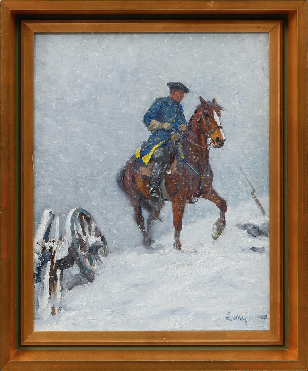 ALEXANDER LANGLET. Karolin in blizzard, oil on canvas, signed.