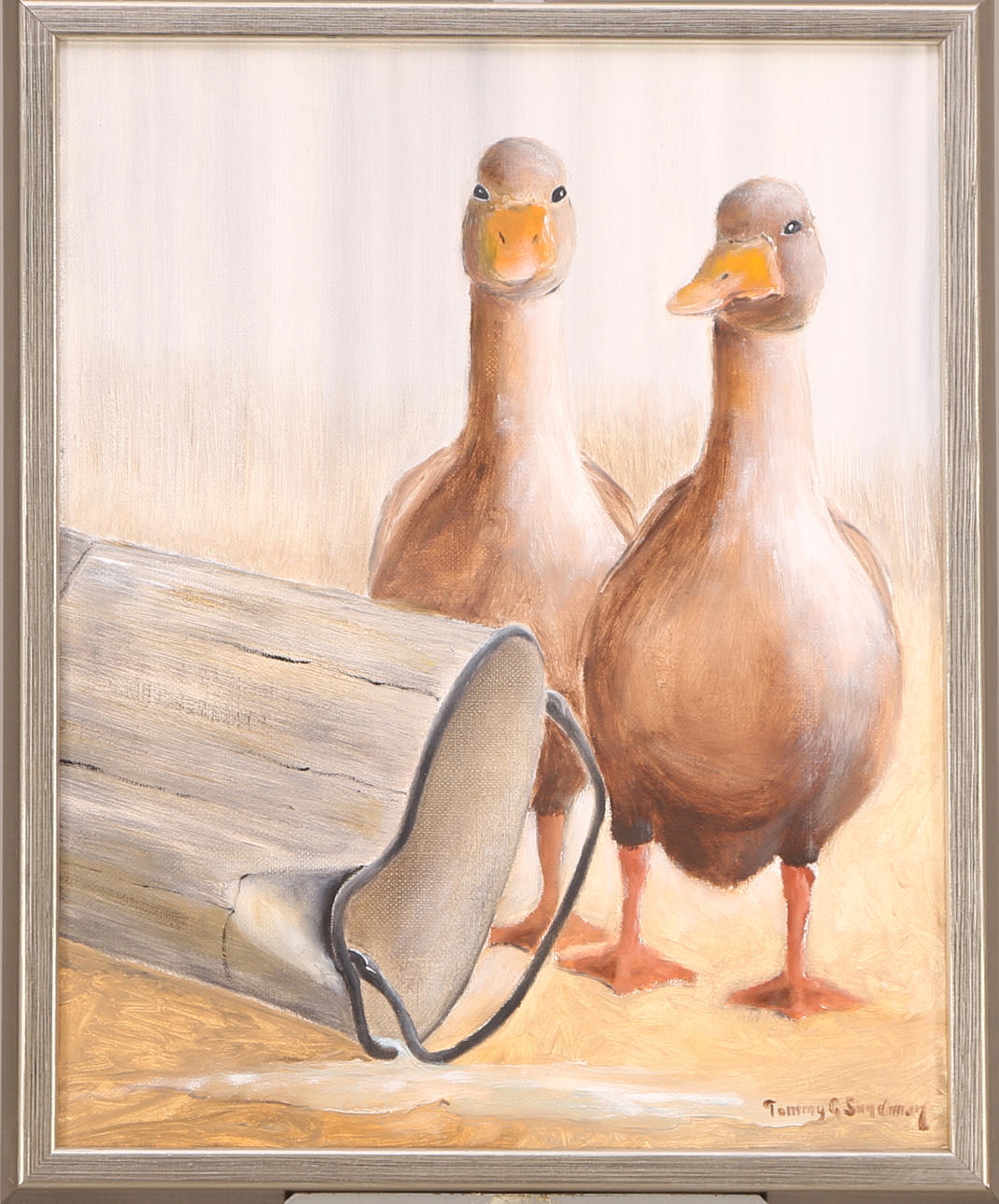 TOMMY G SUNDMAN. TAVLA, olja duk, signerad Tommy G. Sundman, "Gäss vid utslagen spann".