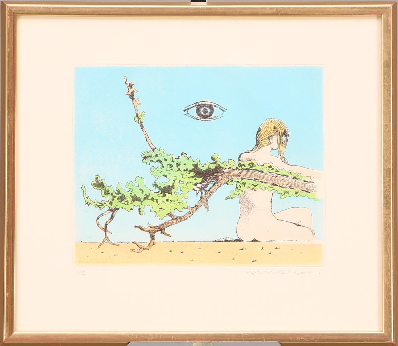 AXEL OLSON. TAVLA, färgakvatint - HC, signerad Axel Olson, komposition med öga.