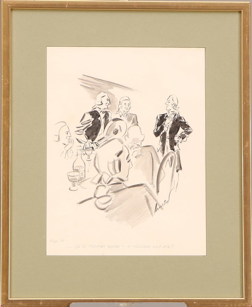 HANS ARNOLD. TAVLA, tuschteckning, signerad Arnold, kommentar kap 14.