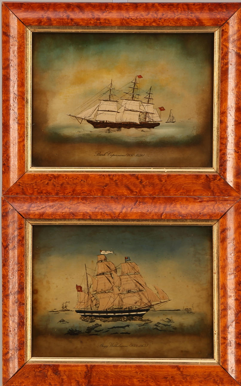 TAVLOR, 2 st, etsningar / blandteknik, osignerade, segelfartyg, 18-/1900-tal.