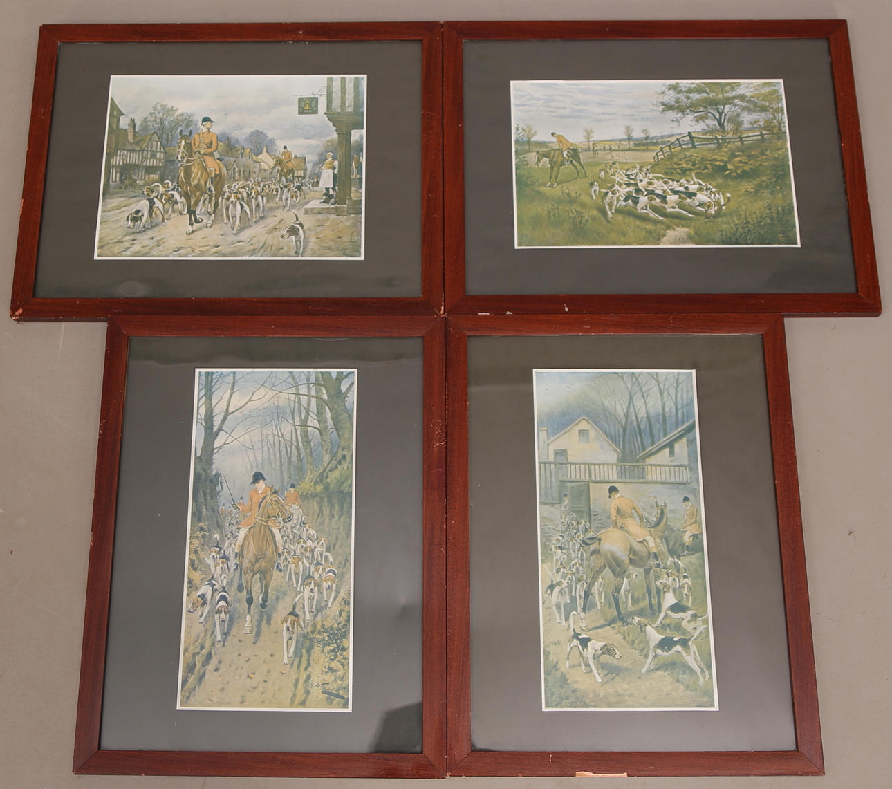 GEORGE WRIGHT. EFTER. TAVLOR, 4 st, tryck, osignerade, förberedelser för rävjakt i England, 1900-tal.