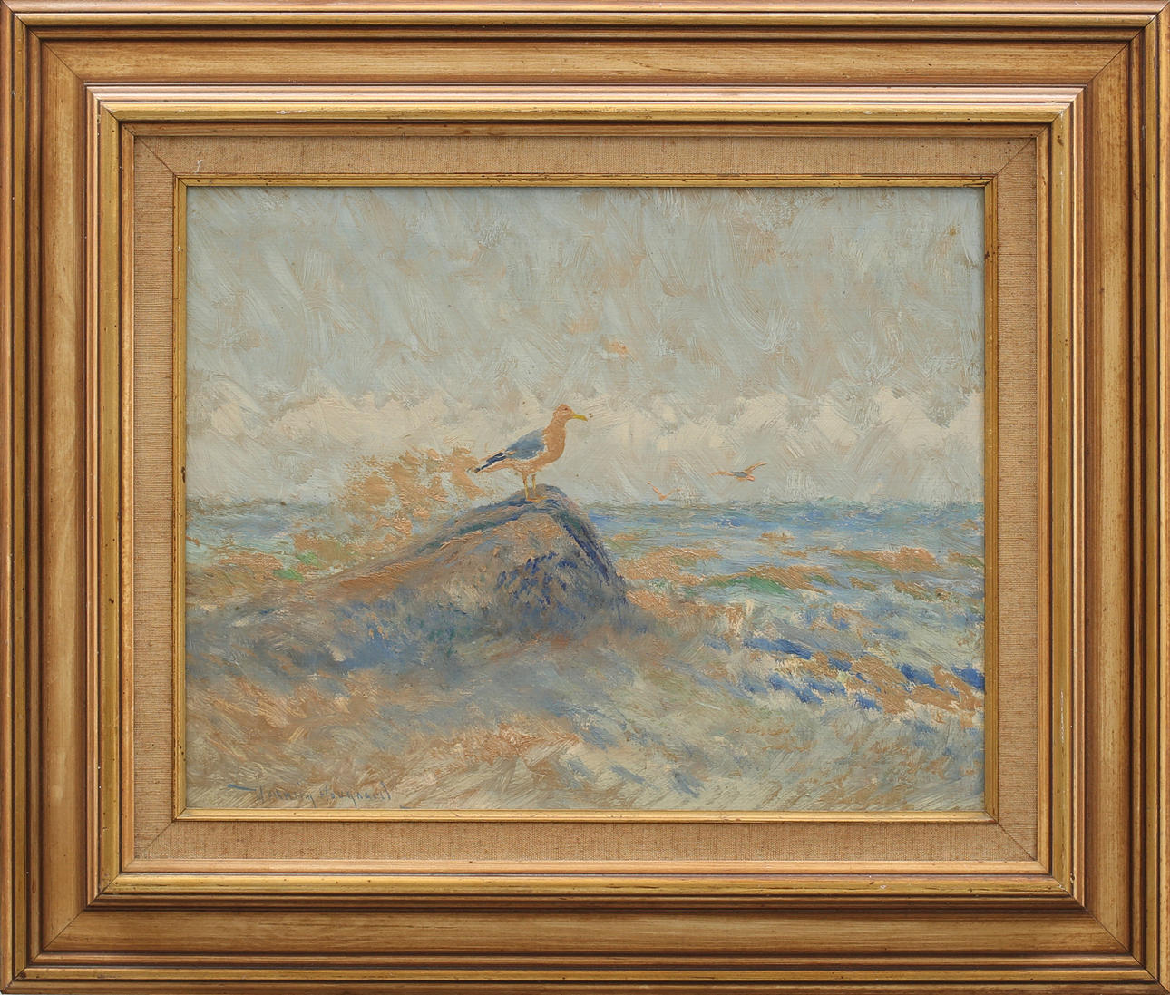 HENNING HOUGAARD. Mås på sten vid kustband, olja på pannå, signerad.