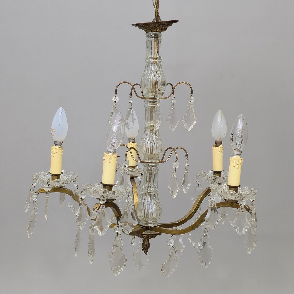 BRONZE AND CRYSTAL CEILING LAMP, 1950S.