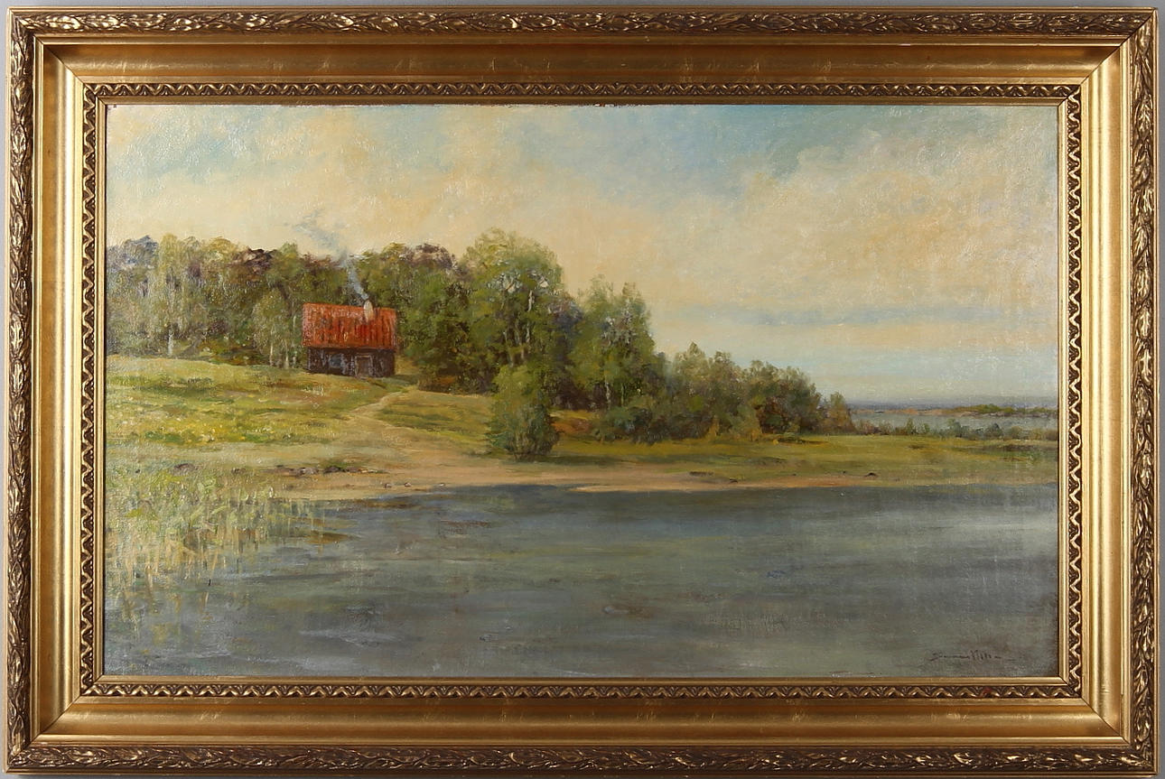 SEVERIN NILSSON. Insjömotiv med stuga, olja på duk, signerad.