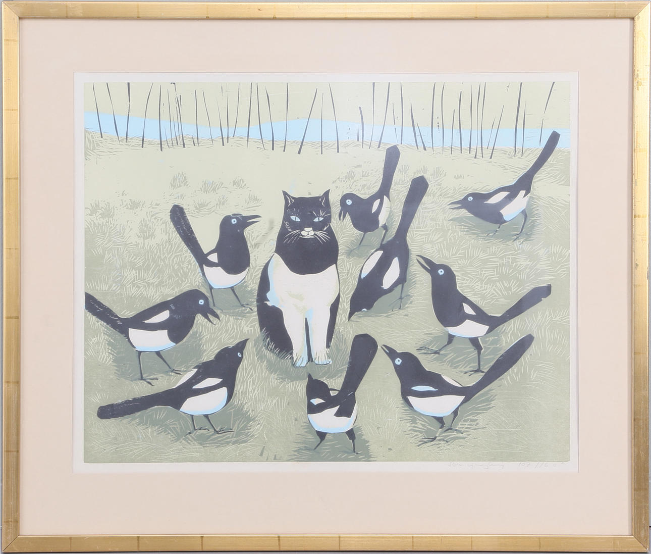 SVEN LJUNGBERG. Katten och skatorna, litografi, numrerad 107/160, signerad.
